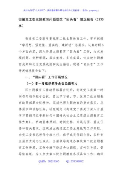 街道党工委主题教育问题整改“回头看”情况报告