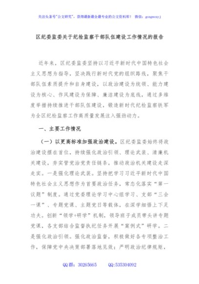 区纪委监委关于纪检监察干部队伍建设工作情况的报告