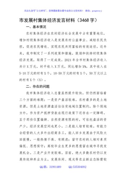市发展村集体经济发言材料