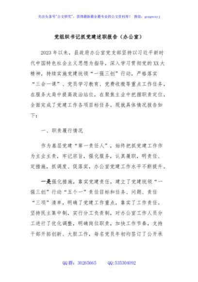 党组织书记抓党建述职报告（办公室）