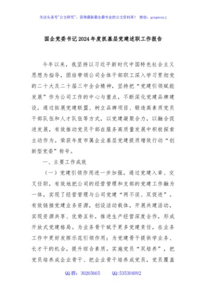 国企党委书记2024年度抓基层党建述职工作报告