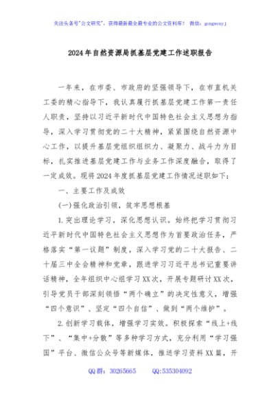 2024年自然资源局抓基层党建工作述职报告
