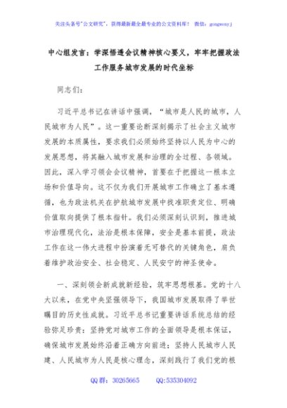 中心组发言：学深悟透会议精神核心要义，牢牢把握政法工作服务城市发展的时代坐标