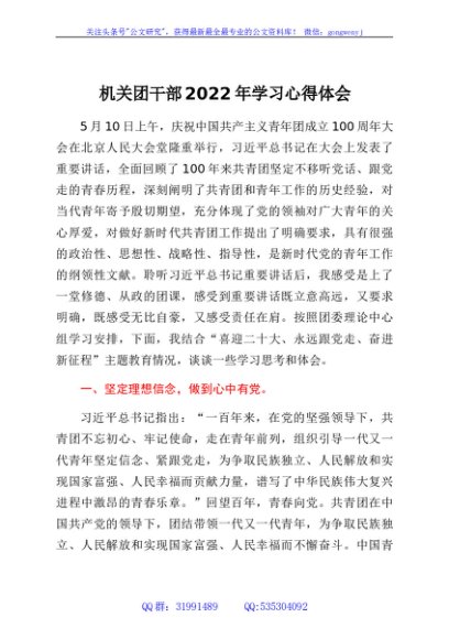 机关团干部2022年建团100周年学习心得体会