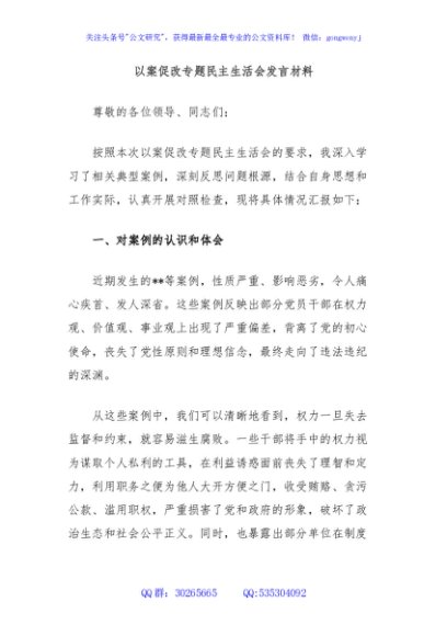 以案促改专题民主生活会发言材料