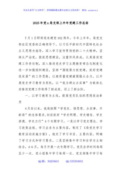 2025年党x局支部上半年党建工作总结