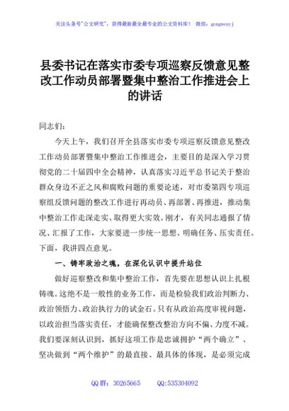 县委书记在落实市委专项巡察反馈意见整改工作动员部署暨集中整治工作推进会上的讲话