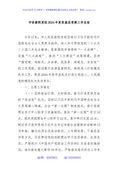市检察院党组2024年度抓基层党建工作总结