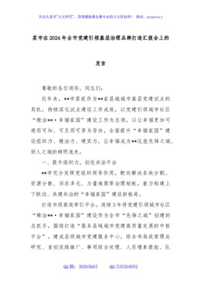 某市在2024年全市党建引领基层治理品牌打造汇报会上的发言