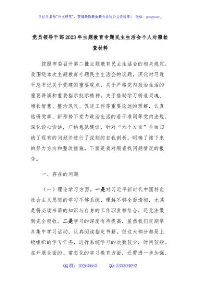 党员领导干部2023年主题教育专题民主生活会个人对照检查材料