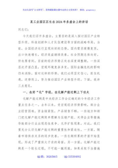 某工业园区区长在2024年务虚会上的讲话