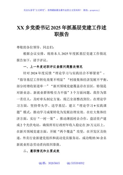 XX乡党委书记2025年抓基层党建工作述职报告