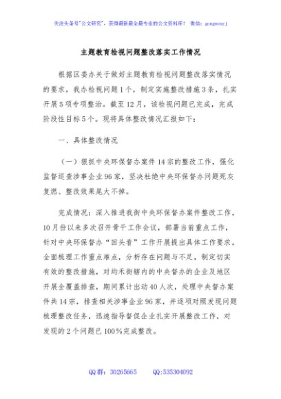 主题教育检视问题整改落实工作情况