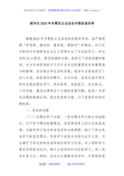 副市长2023年专题民主生活会对照检查材料