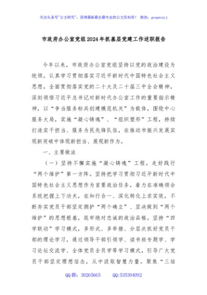 市政府办公室党组2024年抓基层党建工作述职报告