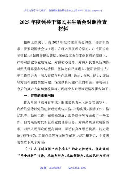 2025年度领导干部民主生活会对照检查材料