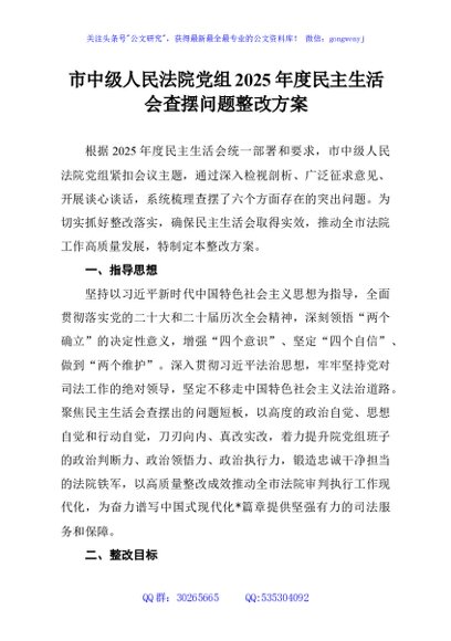 市中级人民法院党组2025年度民主生活会查摆问题整改方案
