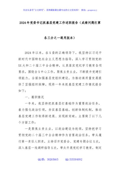 2024年党委书记抓基层党建工作述职报告（成绩问题打算各三分之一通用版本）
