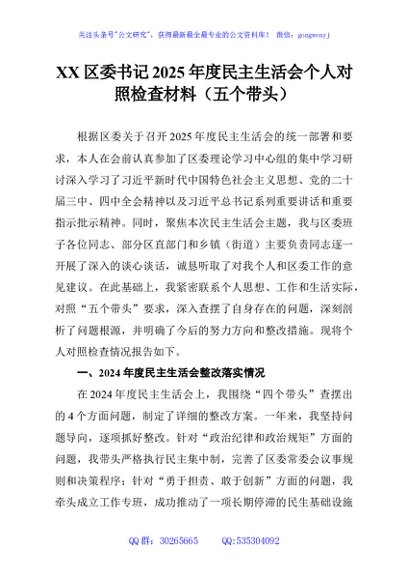 XX区委书记2025年度民主生活会个人对照检查材料（五个带头）