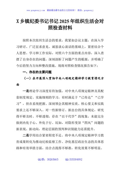 X乡镇纪委书记书记2025年组织生活会对照检查材料