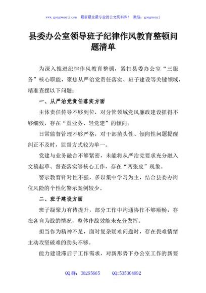 县委办公室领导班子纪律作风教育整顿问题清单