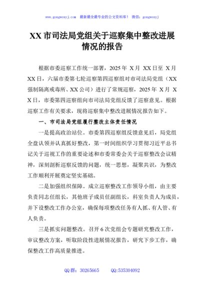XX市司法局党组关于巡察集中整改进展情况的报告