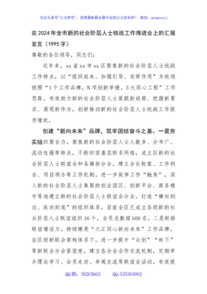 在2024年全市新的社会阶层人士统战工作推进会上的汇报发言（1995字）