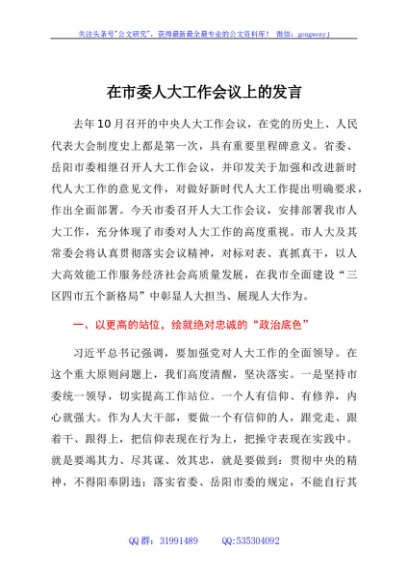 在市委人大工作会议上的发言