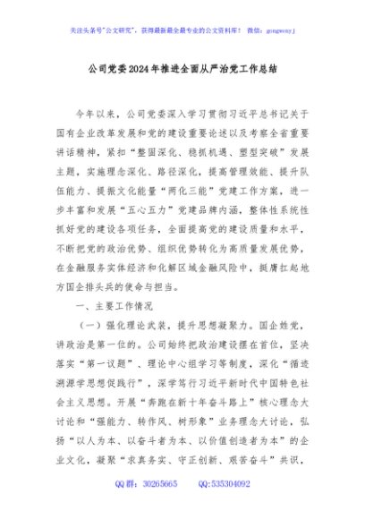 公司党委2024年推进全面从严治党工作总结