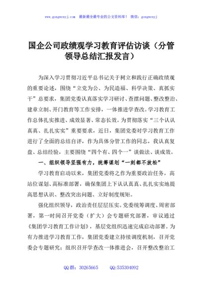 国企公司政绩观学习教育评估访谈（分管领导总结汇报发言）