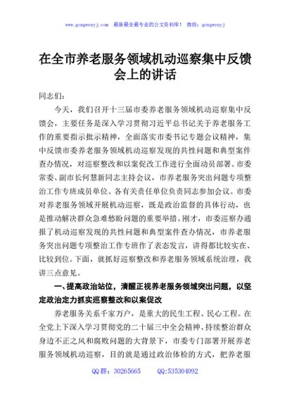 在全市养老服务领域机动巡察集中反馈会上的讲话