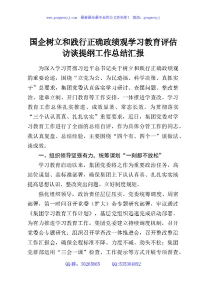 国企树立和践行正确政绩观学习教育评估访谈提纲工作总结汇报