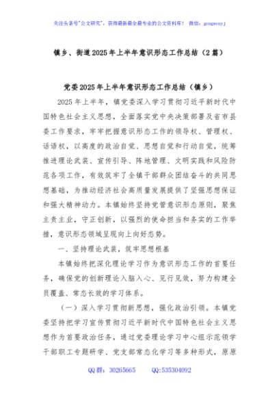 (2篇)镇乡、街道2025年上半年意识形态工作总结