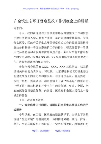 在全镇生态环保督察整改工作调度会上的讲话
