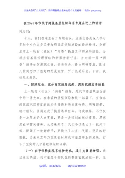 在2025年市关于建强基层组织体系专题会议上的讲话