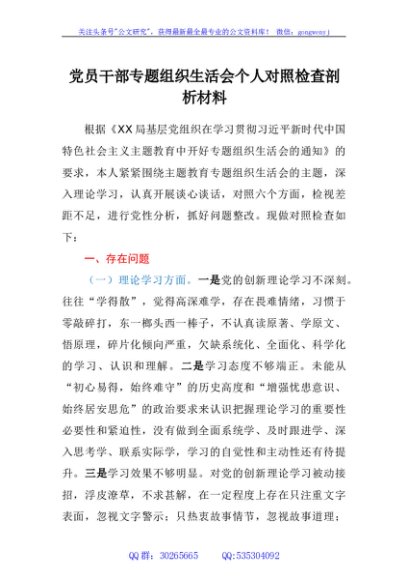 党员干部专题组织生活会个人对照检查剖析材料