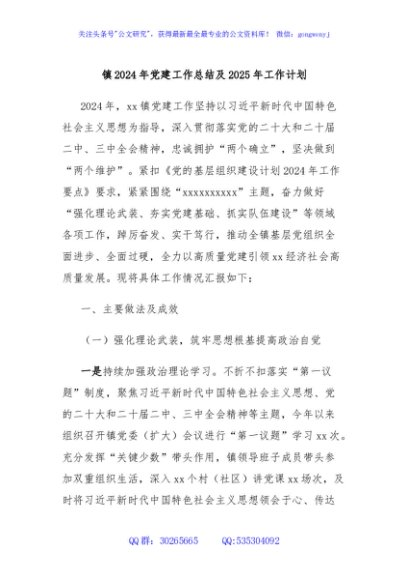 镇2024年党建工作总结及2025年工作计划