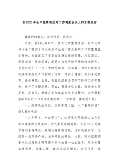 在2025年全市强降雨应对工作调度会议上的汇报发言