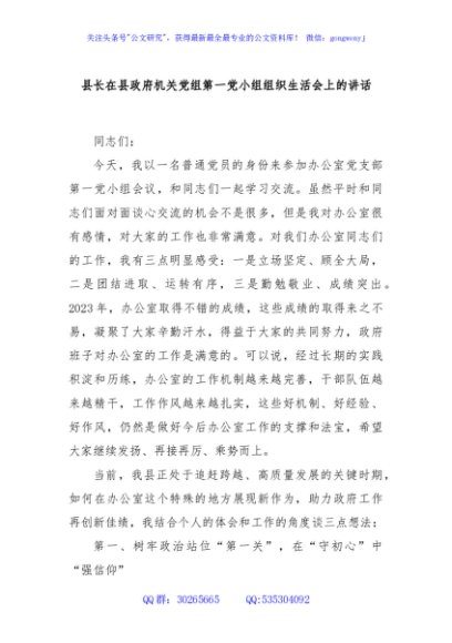 县长在县政府机关党组第一党小组组织生活会上的讲话