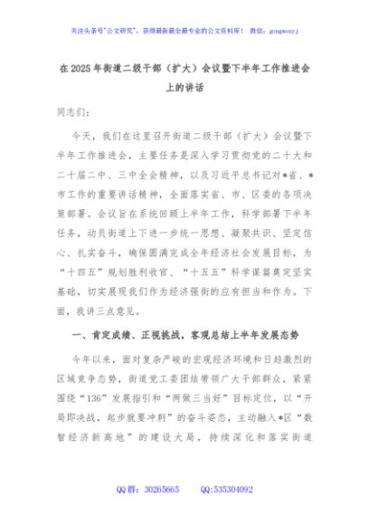 在2025年街道二级干部（扩大）会议暨下半年工作推进会上的讲话