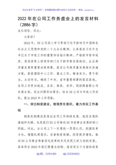 2022年在公司工作务虚会上的发言材料