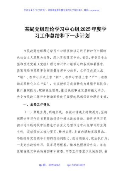 某局党组理论学习中心组2025年度学习工作总结和下一步计划