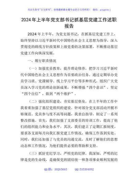2024年上半年党支部书记抓基层党建工作述职报告2300字