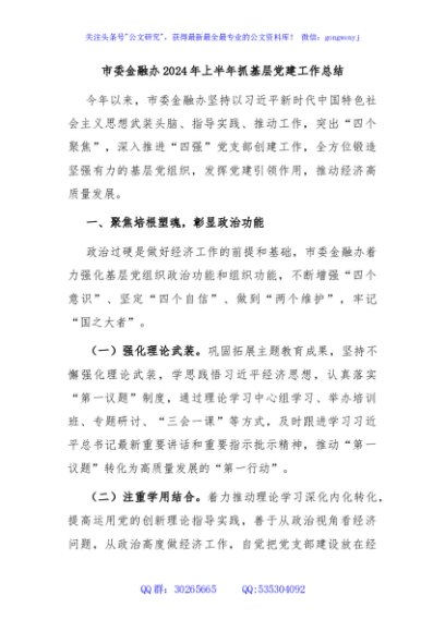 市委金融办2024年上半年抓基层党建工作总结