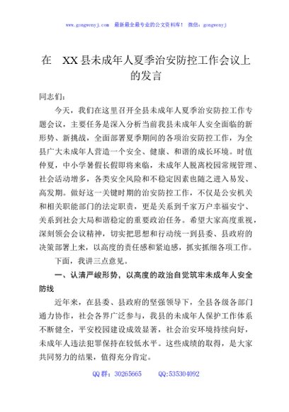 在XX县未成年人夏季治安防控工作会议上的发言