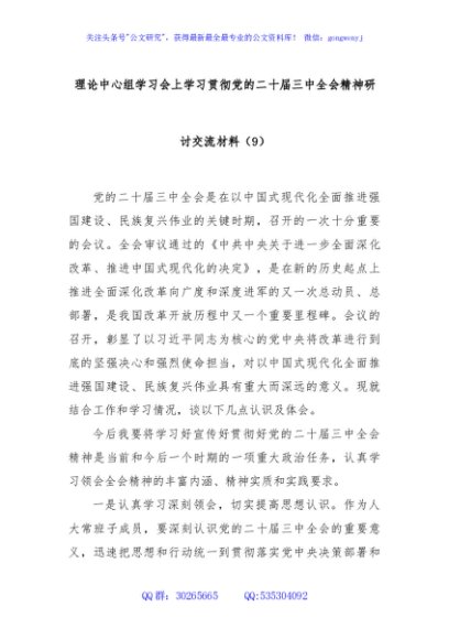 理论中心组学习会上学习贯彻党的二十届三中全会精神研讨交流材料（9）