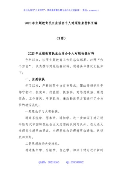 (3篇)2023年主题教育民主生活会个人对照检查材料汇编