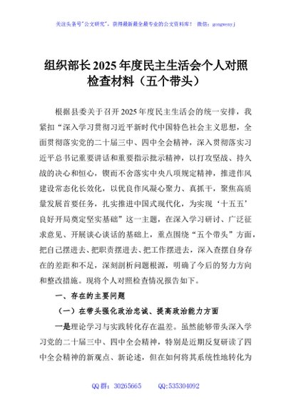 组织部长2025年度民主生活会个人对照检查材料（五个带头）