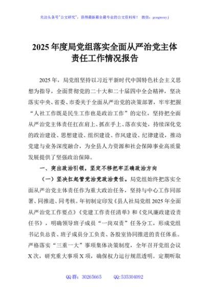 2025年度局党组落实全面从严治党主体责任工作情况报告