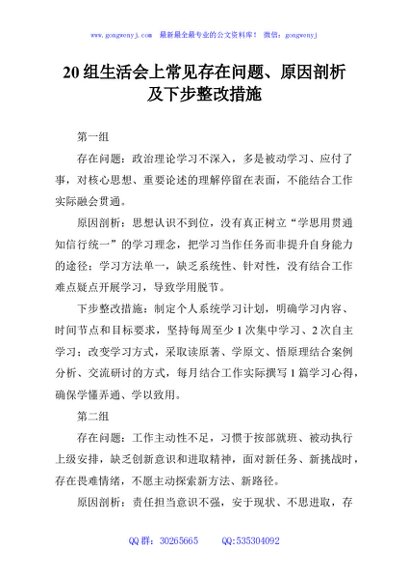 20组生活会上常见存在问题、原因剖析及下步整改措施